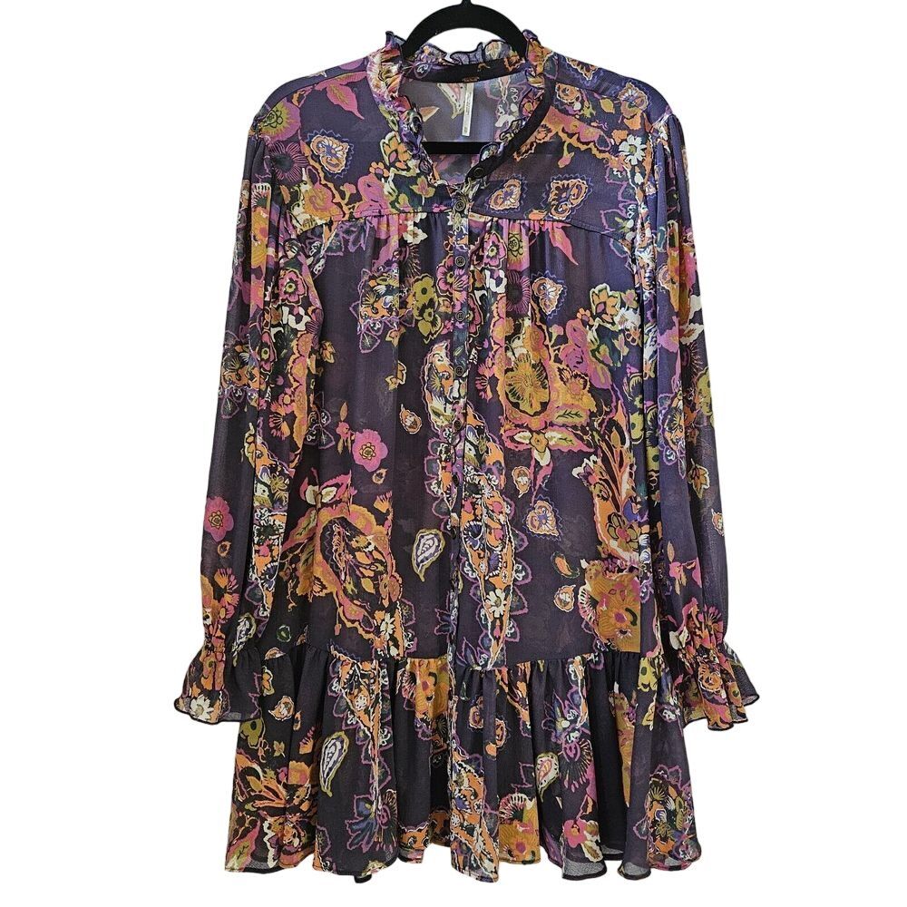 Free People Ibiza Nights Mini Dress Long Ruffled Sleeves Floral‎ Print Button XS